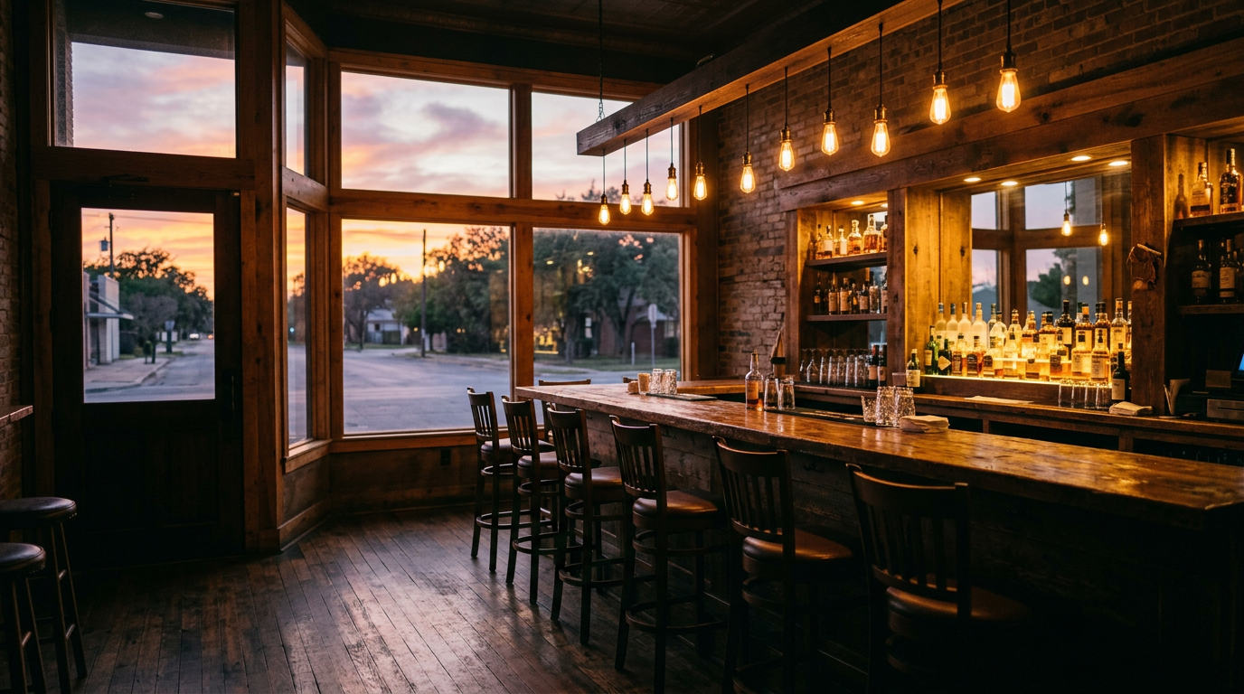 A warm wood-and-brick bar lit by Edison bulbs at sunset