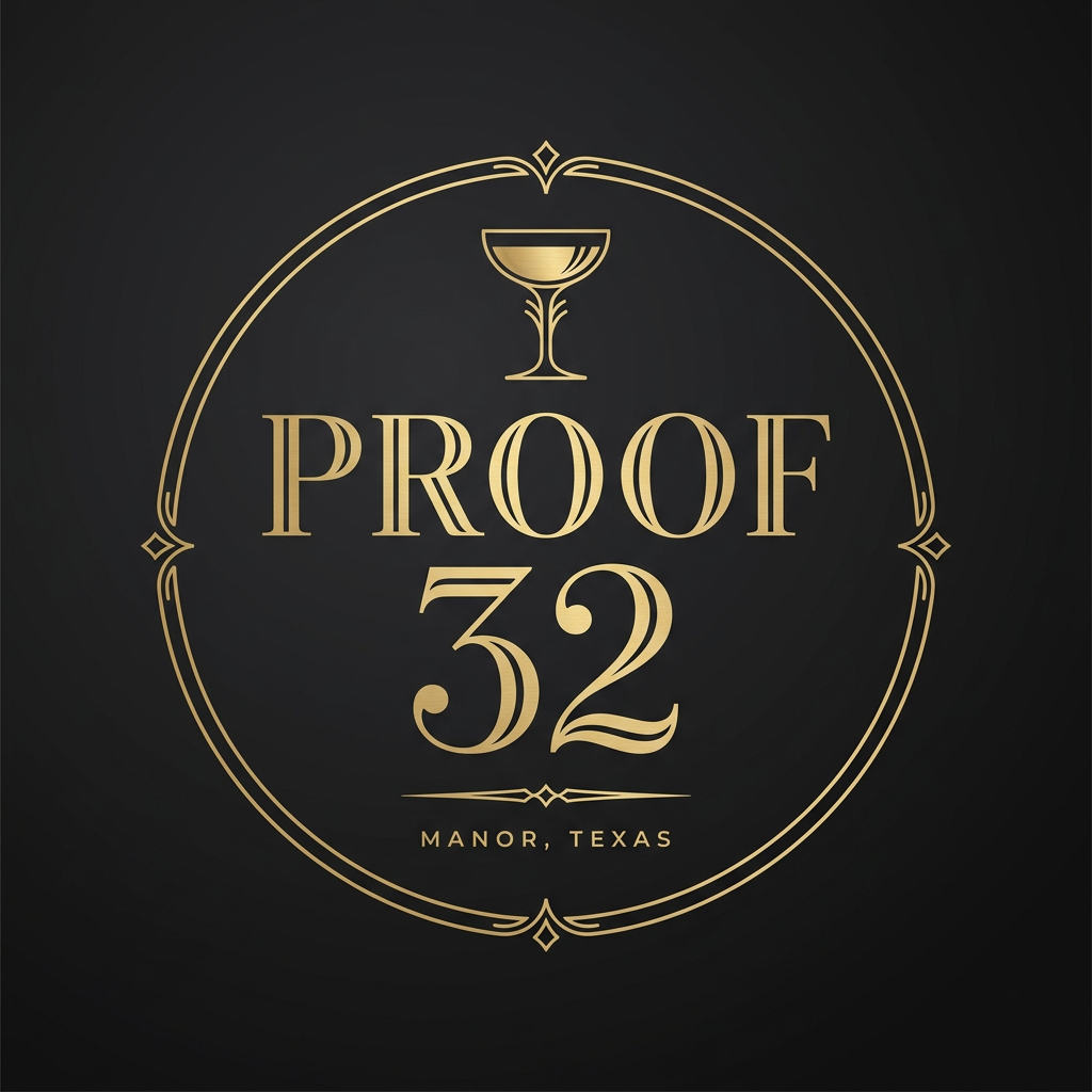 Proof 32 badge logo in gold Art Deco on black